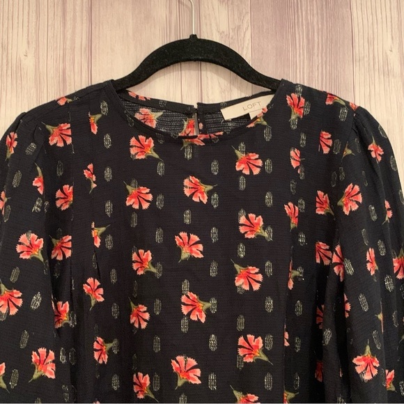 Loft Floral Red and Black Metallic Sparkly Puff Sleeve Blouse Long Sleeve XS - Picture 5 of 11